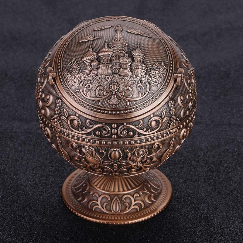 قلعة النحاس العتيقة منفضة سجائر معدنية مقاومة للرياح مع غطاء محمولة كرة مستديرة هدية - Image 2